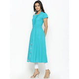 Torque Green embroidered cotton slub kurti for women, casual calf length with short sleeves and mandarin collar