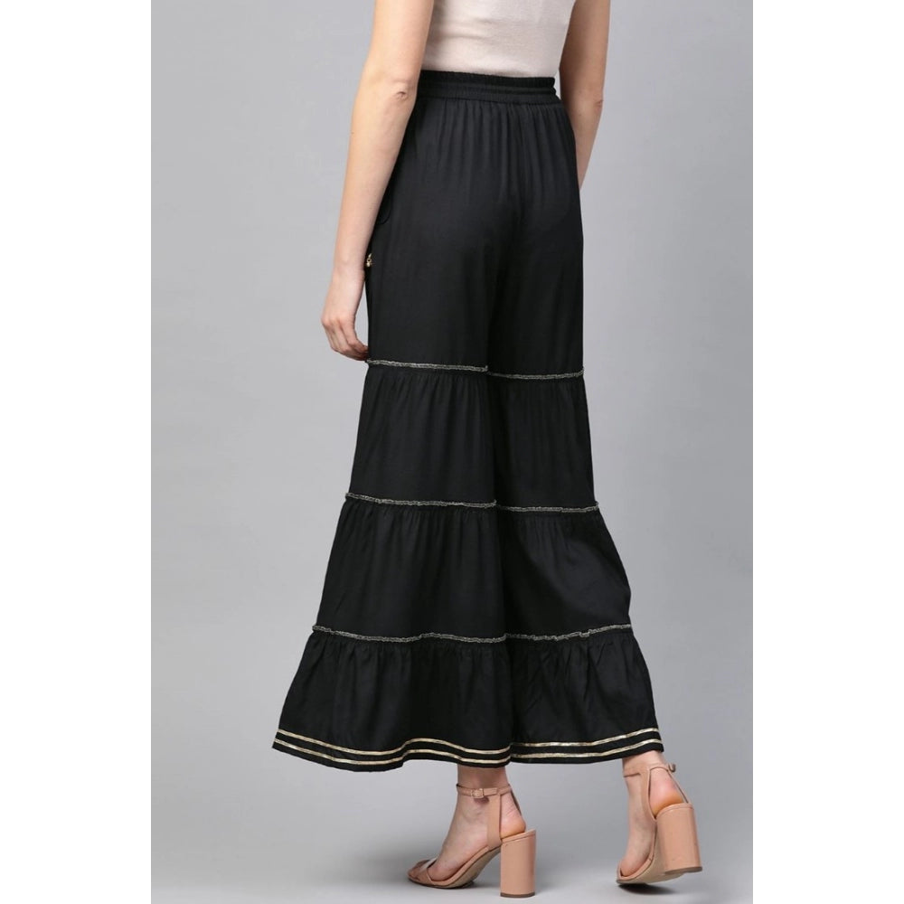 Black rayon sharara for women, mid-rise solid design, casual wear