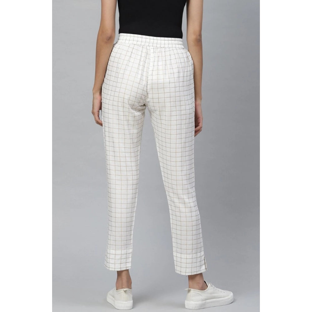 White checked rayon trouser pant for women's casual style, ankle length with vibrant pattern detail