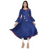 Blue rayon kurti with embroidery detail, casual bell sleeves for women's fashion, close-up image