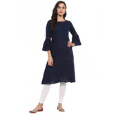 Blue cotton slub kurti with bell sleeves, knee-length and round neck