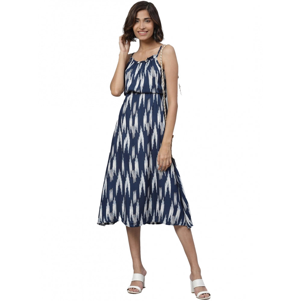 Blue Ikat Print Rayon Casual Dress - Knee length, sleeveless, ruffle neck