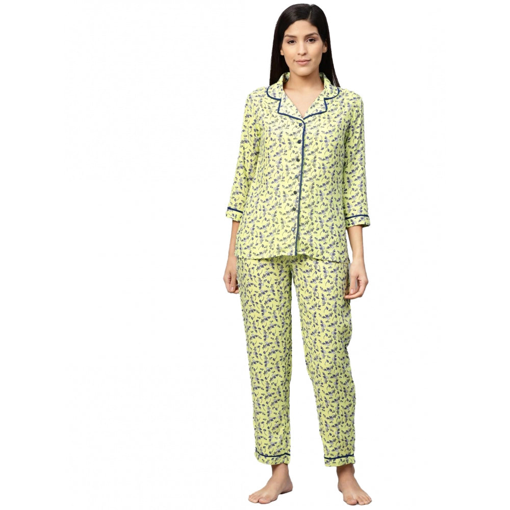 Green floral printed rayon shirt with pyjama pant night suit set for women - Casual 3/4 sleeve design