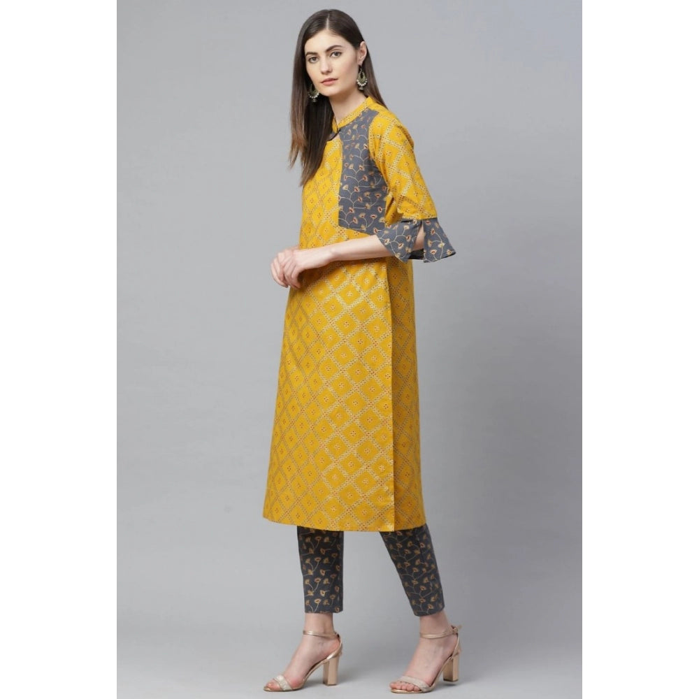 Yellow cotton kurti set with geometric print, knee-length bell sleeves, mandarin collar for women's casual wear