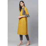 Yellow cotton kurti set with geometric print, knee-length bell sleeves, mandarin collar for women's casual wear