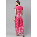 Pink rayon printed pajama set for women, short sleeves and round neckline on display