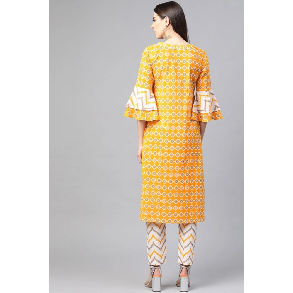Mustard floral printed cotton women's casual 3/4 sleeve knee-length kurti set