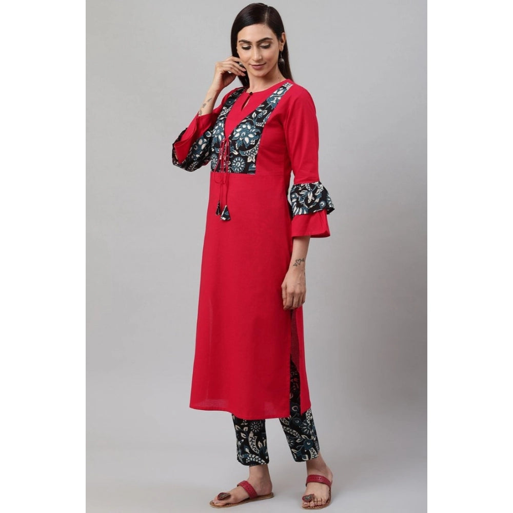 Rani Pink cotton bell sleeves floral printed kurti set for women's casual wear, knee length with keyhole neckline
