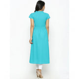 Women's Casual Short Sleeve Embroidery Cotton Slub Kurti (Torque Green)