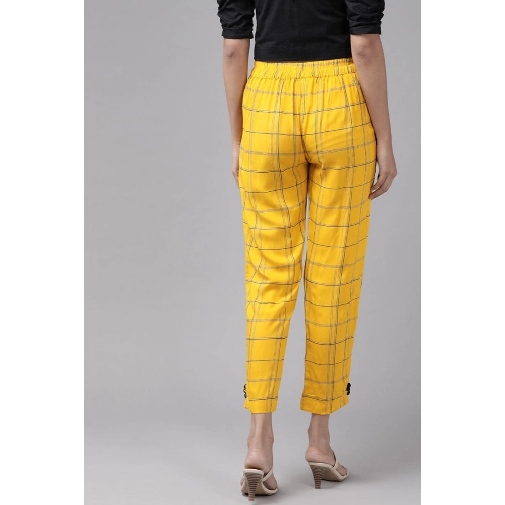 Yellow rayon checked trouser pant, ankle length for women's casual wear