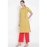 Yellow & Red floral printed cotton & rayon women's casual kurti palazzo set - knee length, short sleeves