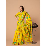 Gillkart Women's Cotton Printed Saree With Unstitched Blouse (Yellow, 5-6 Mtrs)