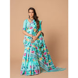 Gillkart Women's Cotton Printed Saree With Unstitched Blouse (Sky Blue, 5-6 Mtrs)