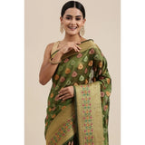Gillkart Women's Organza Printed Saree With Unstitched Blouse (Mahendi, 5-6 Mtrs)