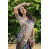 Gillkart Women's Organza Printed Saree With Unstitched Blouse (Teal, 5-6 Mtrs)