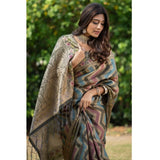 Gillkart Women's Organza Printed Saree With Unstitched Blouse (Grey, 5-6 Mtrs)