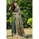Gillkart Women's Organza Printed Saree With Unstitched Blouse (Green, 5-6 Mtrs)