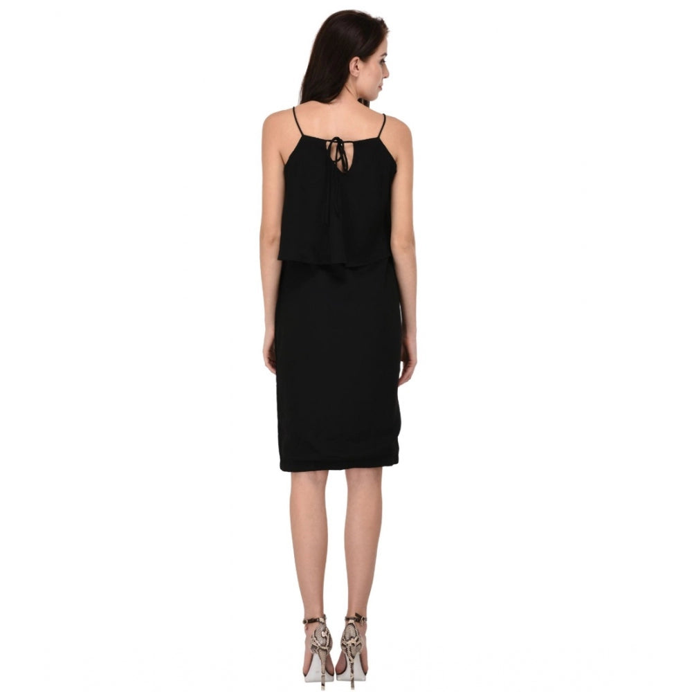 Black cotton blend solid sleeveless knee-length dress for women