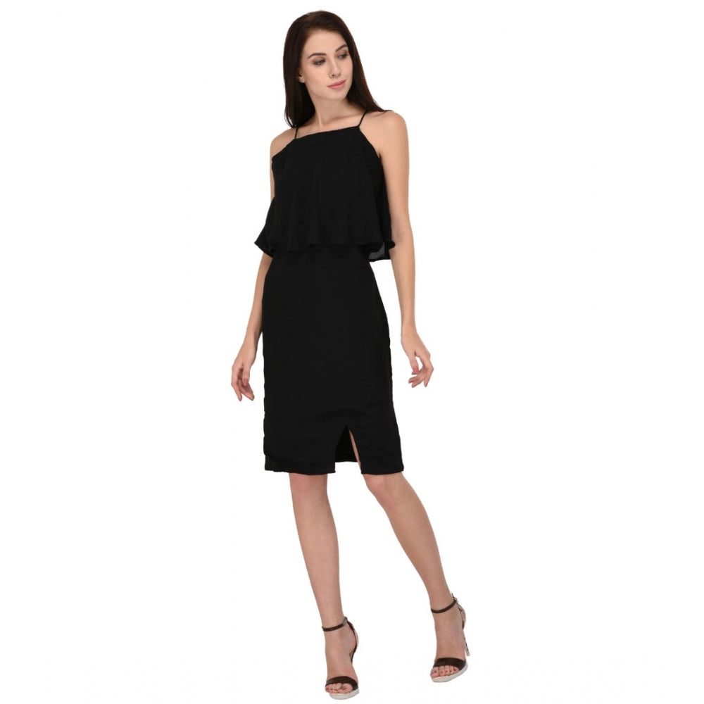 Black cotton blend sleeveless dress for women, knee-length with shoulder straps