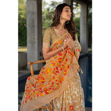 Gillkart Women's Cotton Printed Saree With Unstitched Blouse (Beige, 5-6 Mtrs)