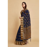 Gillkart Women's Chanderi Cotton Printed Saree With Unstitched Blouse (Navy Blue, 5-6 Mtrs)