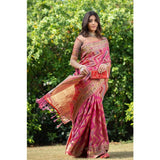Gillkart Women's Organza Printed Saree With Unstitched Blouse (Pink, 5-6 Mtrs)