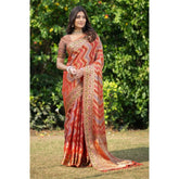 Gillkart Women's Organza Printed Saree With Unstitched Blouse (Orange, 5-6 Mtrs)