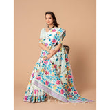 Gillkart Women's Cotton Printed Saree With Unstitched Blouse (White, 5-6 Mtrs)