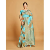 Gillkart Women's Linen Printed Saree With Unstitched Blouse (Sky Blue, 5-6 Mtrs)