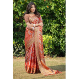 Gillkart Women's Organza Printed Saree With Unstitched Blouse (Orange, 5-6 Mtrs)