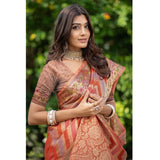 Gillkart Women's Organza Printed Saree With Unstitched Blouse (Orange, 5-6 Mtrs)