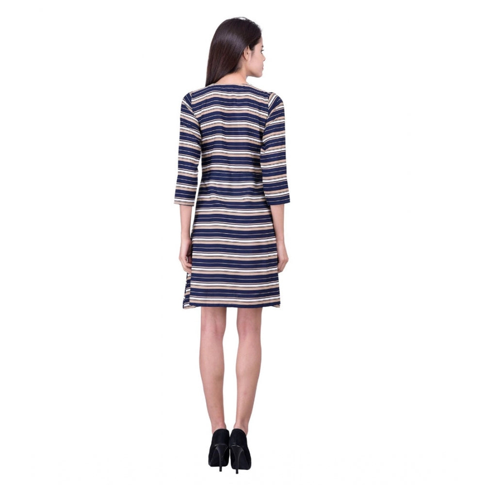 Blue cotton blend knee-length v-neck 3/4 sleeve dress for women