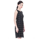 Black cotton blend checked sleeveless sheath dress, knee-length with round neck