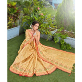 Gillkart Women's Organza Printed Saree With Unstitched Blouse (Beige, 5-6 Mtrs)