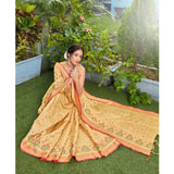 Gillkart Women's Organza Printed Saree With Unstitched Blouse (Beige, 5-6 Mtrs)