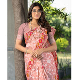 Gillkart Women's Cotton Printed Saree With Unstitched Blouse (Peach, 5-6 Mtrs)