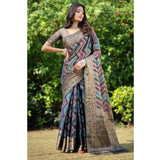 Gillkart Women's Organza Printed Saree With Unstitched Blouse (Teal, 5-6 Mtrs)