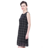 Black cotton blend checked sleeveless sheath dress for women, knee length with round neckline