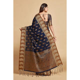 Gillkart Women's Chanderi Cotton Printed Saree With Unstitched Blouse (Navy Blue, 5-6 Mtrs)