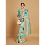 Gillkart Women's Linen Printed Saree With Unstitched Blouse (Sky Blue, 5-6 Mtrs)