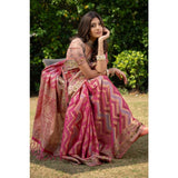 Gillkart Women's Organza Printed Saree With Unstitched Blouse (Pink, 5-6 Mtrs)