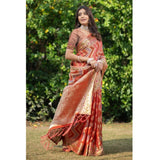 Gillkart Women's Organza Printed Saree With Unstitched Blouse (Orange, 5-6 Mtrs)