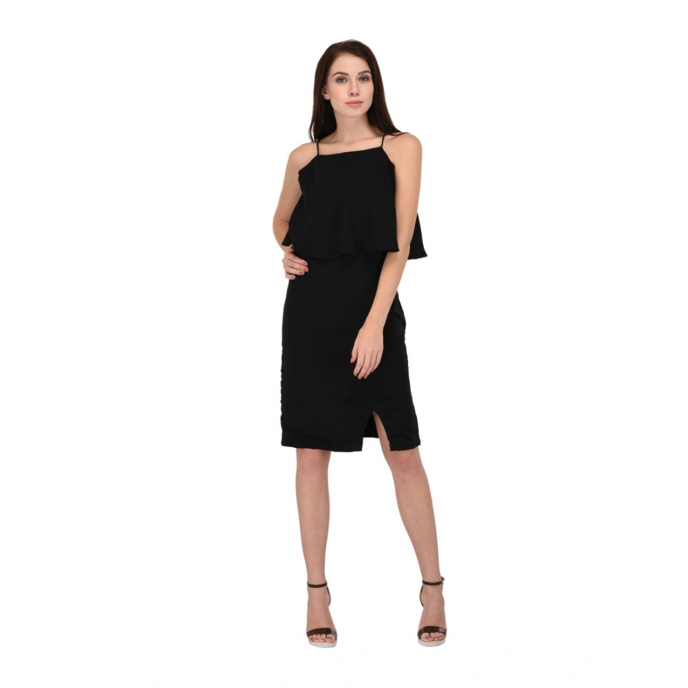 Black cotton blend solid sleeveless knee-length dress for women