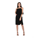 Black cotton blend solid sleeveless knee-length dress for women