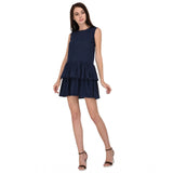 Blue cotton blend solid sleeveless dress, knee length with round neckline