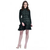 Green cotton blend floral full sleeves dress for women on mannequin