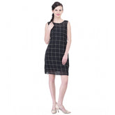 Black cotton blend checked sleeveless sheath dress, knee-length, round neckline