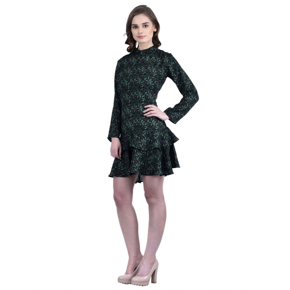 Green cotton blend floral full sleeves dress for women, high neck, knee length