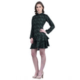 Green cotton blend floral full sleeves dress for women, high neck, knee length