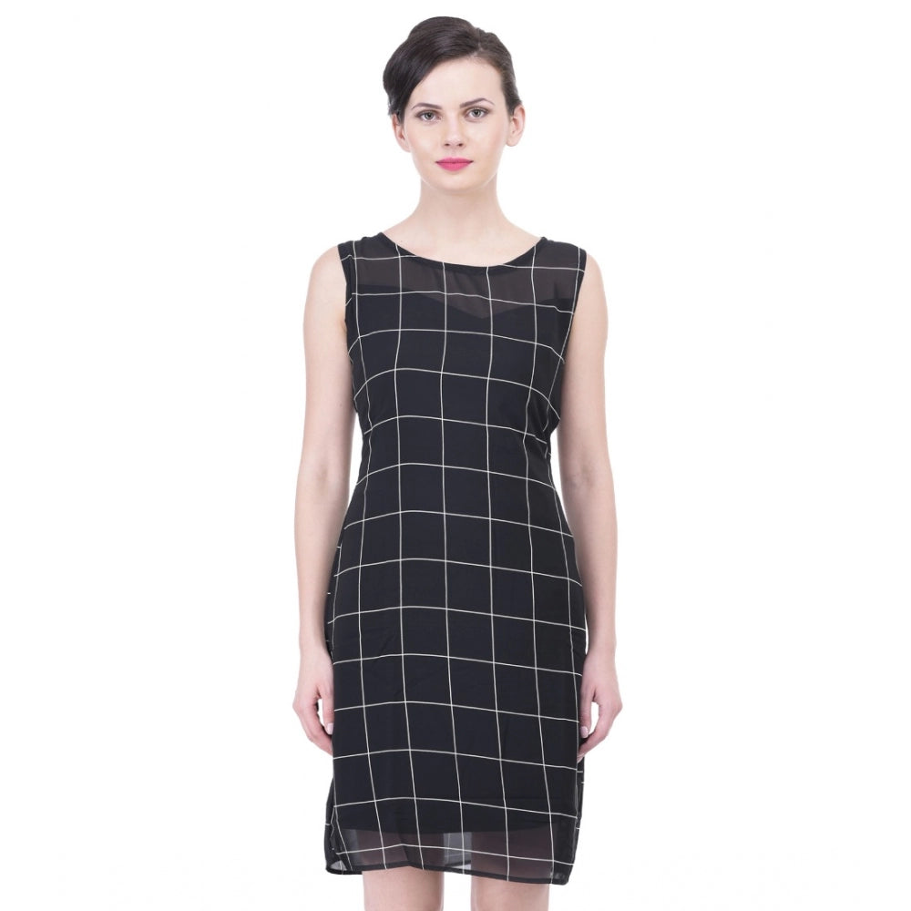Black cotton blend checked sleeveless sheath dress - ideal for knee-length summer events